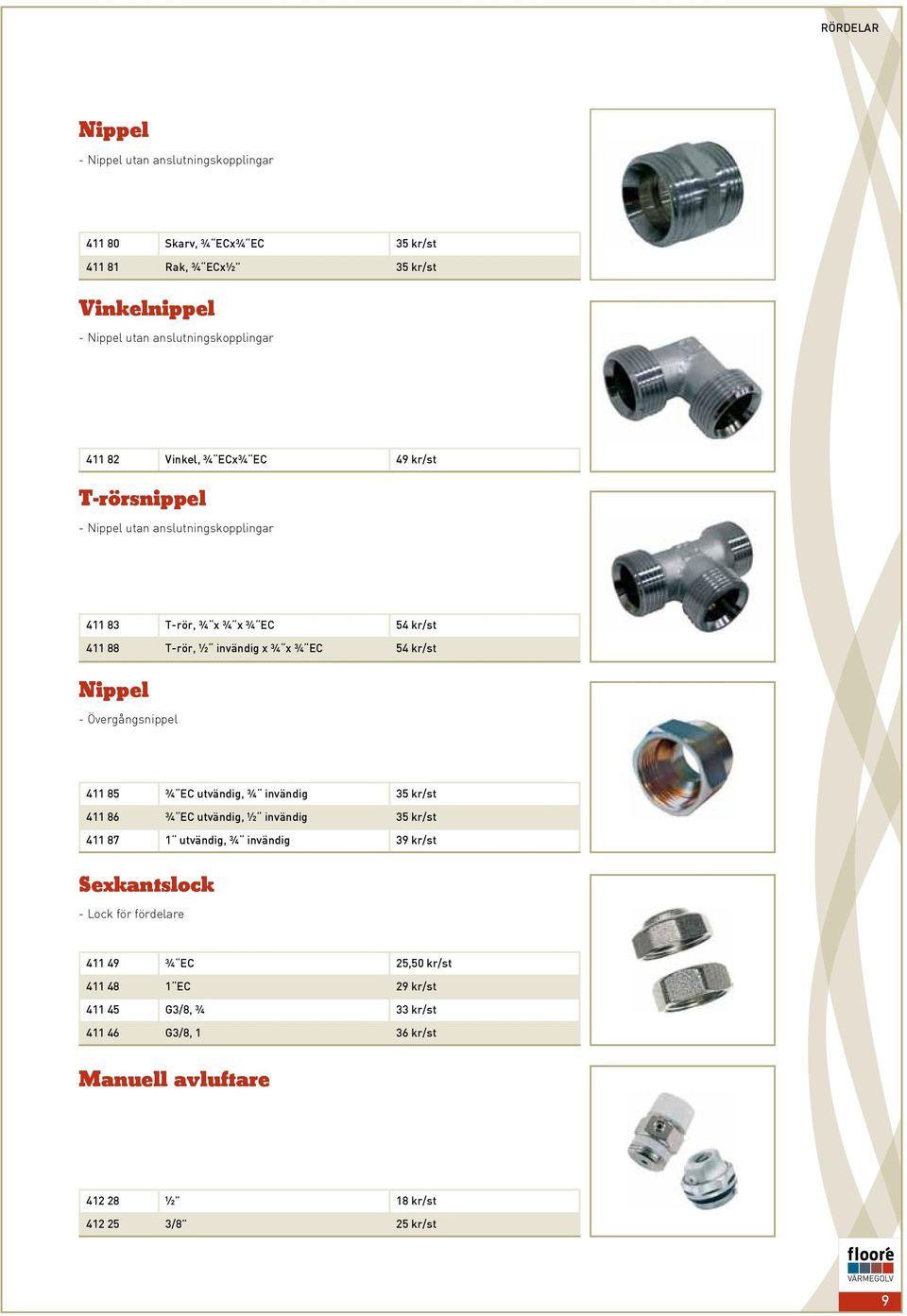 Nippel - Övergångsnippel 411 85 ¾ EC utvändig, ¾ invändig 35 kr/st 411 86 ¾ EC utvändig, ½ invändig 35 kr/st 411 87 1 utvändig, ¾ invändig 39 kr/st Sexkantslock -