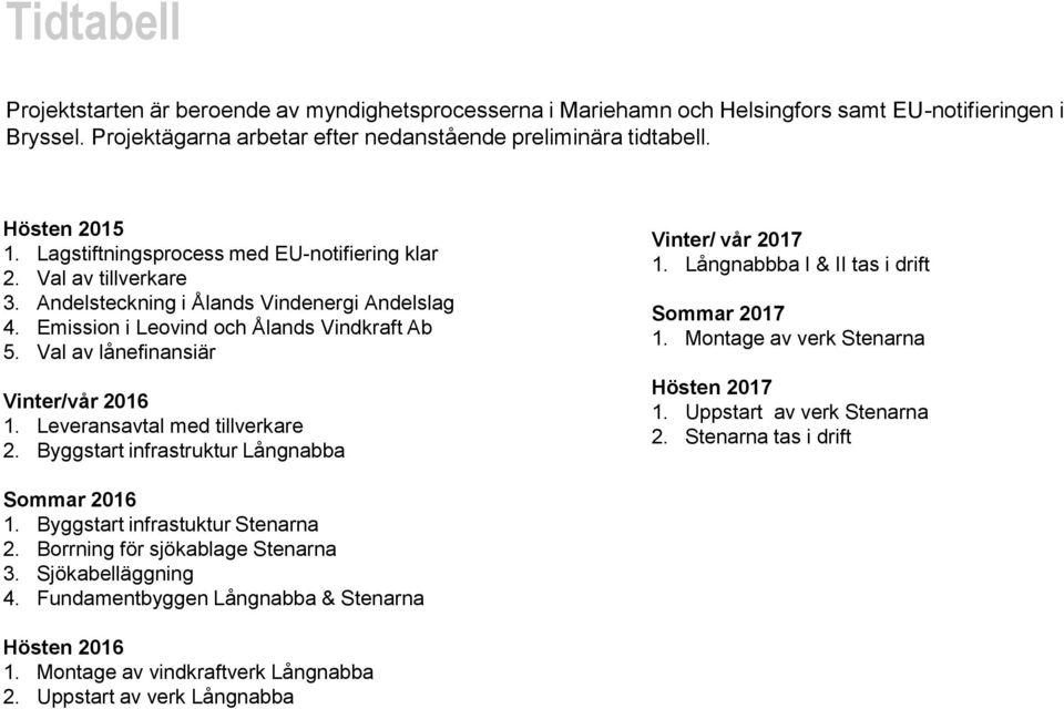 Val av lånefinansiär Vinter/vår 2016 1. Leveransavtal med tillverkare 2. Byggstart infrastruktur Långnabba Vinter/ vår 2017 1. Långnabbba I & II tas i drift Sommar 2017 1.