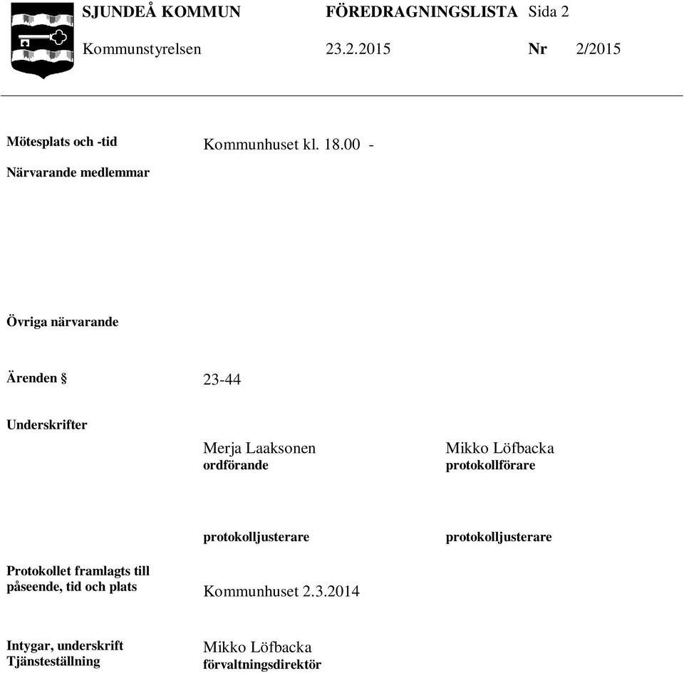 ordförande Mikko Löfbacka protokollförare protokolljusterare protokolljusterare Protokollet
