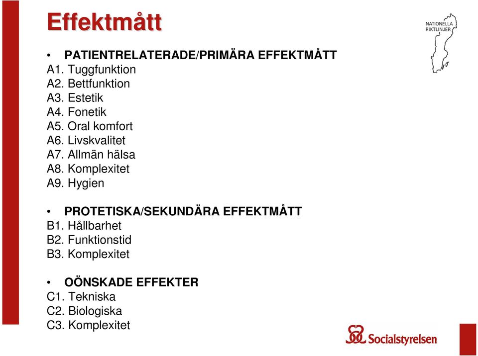 Allmän hälsa A8. Komplexitet A9. Hygien PROTETISKA/SEKUNDÄRA EFFEKTMÅTT B1.