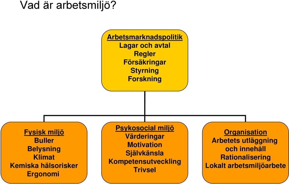 Fysisk miljö Buller Belysning Klimat Kemiska hälsorisker Ergonomi Psykosocial