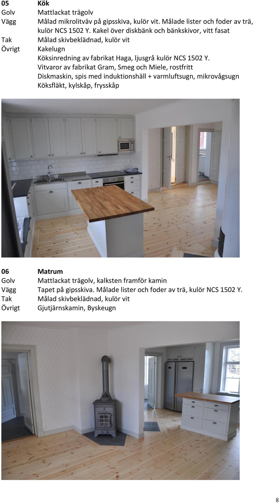 Vitvaror av fabrikat Gram, Smeg och Miele, rostfritt Diskmaskin, spis med induktionshäll + varmluftsugn, mikrovågsugn Köksfläkt, kylskåp,