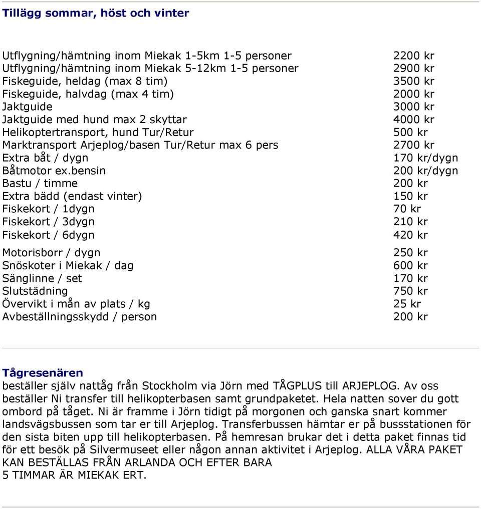 bensin Bastu / timme Extra bädd (endast vinter) Fiskekort / 1dygn Fiskekort / 3dygn Fiskekort / 6dygn Motorisborr / dygn Snöskoter i Miekak / dag Sänglinne / set Slutstädning Övervikt i mån av plats