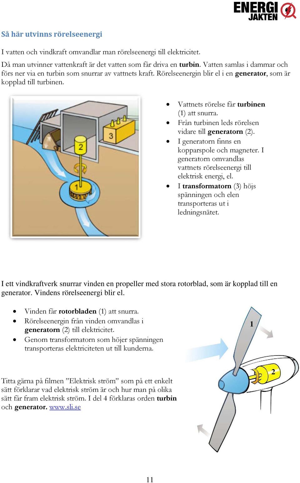 Från turbinen leds rörelsen vidare till generatorn (2). I generatorn finns en kopparspole och magneter. I generatorn omvandlas vattnets rörelseenergi till elektrisk energi, el.