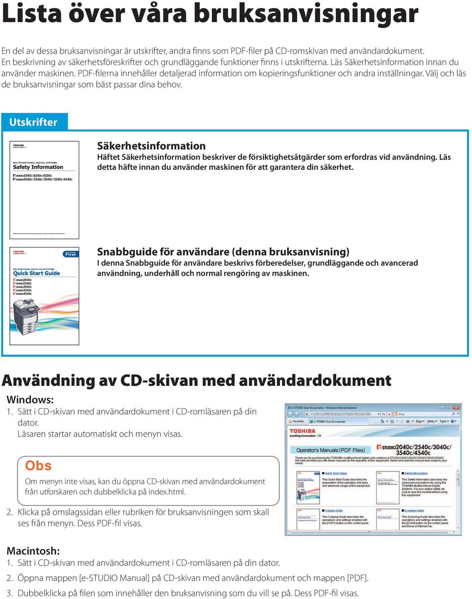 PDF-filerna innehåller detaljerad information om kopieringsfunktioner och andra inställningar. Välj och läs de bruksanvisningar som bäst passar dina behov.