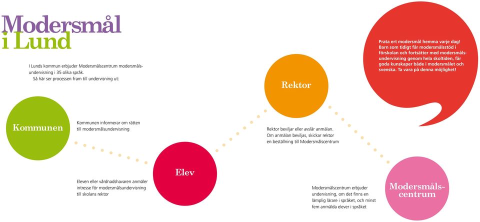 Kommunen Kommunen informerar om rätten till modersmålsundervisning Rektor beviljar eller avslår anmälan.