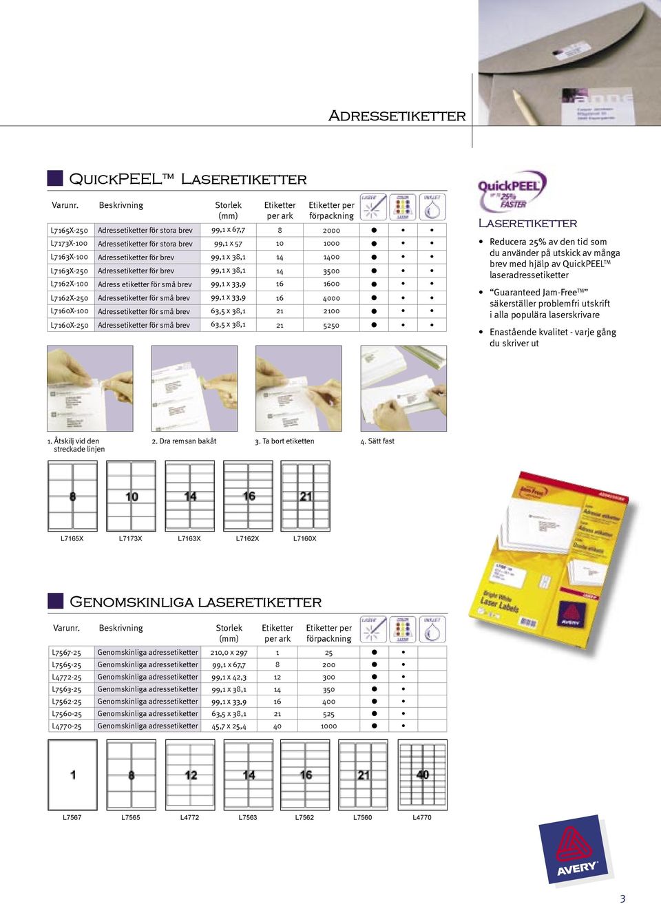 4000 L7160X-100 Adressetiketter för små brev 63,5 x 38,1 21 2100 L7160X-250 Adressetiketter för små brev 63,5 x 38,1 21 5250 Laseretiketter Reducera 25% av den tid som du använder på utskick av många