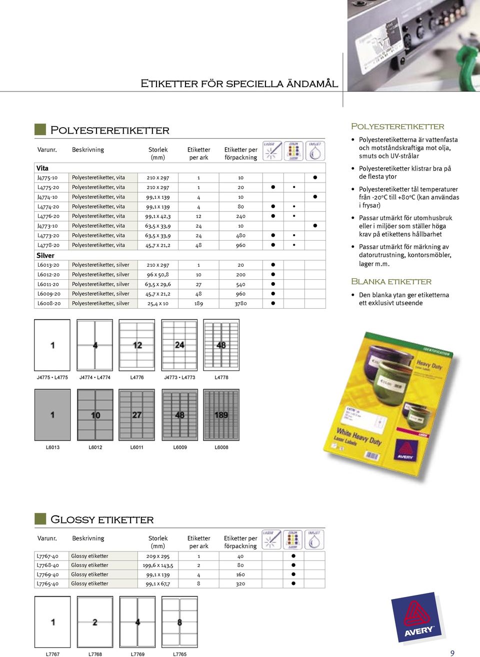 L4778-20 Polyesteretiketter, vita 45,7 x 21,2 48 960 Silver Polyesteretiketter L6013-20 Polyesteretiketter, silver 210 x 297 1 20 L6012-20 Polyesteretiketter, silver 96 x 50,8 10 200 L6011-20