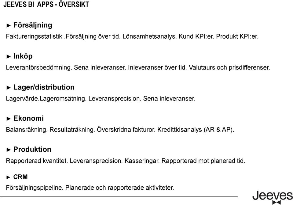 Lageromsätning. Leveransprecision. Sena inleveranser. Ekonomi Balansräkning. Resultaträkning. Överskridna fakturor.