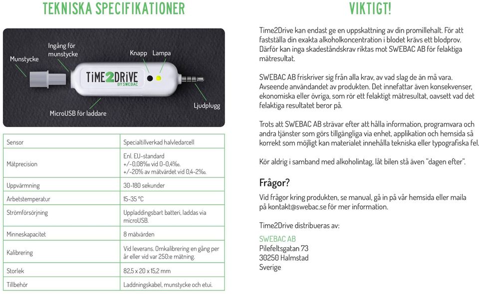 Sensor Mätprecision Uppvärmning Arbetstemperatur 15-35 ºC Strömförsörjning Minneskapacitet Kalibrering Storlek MicroUSB för laddare Specialtillverkad halvledarcell Enl. EU-standard +/-0,08 vid 0-0,4.