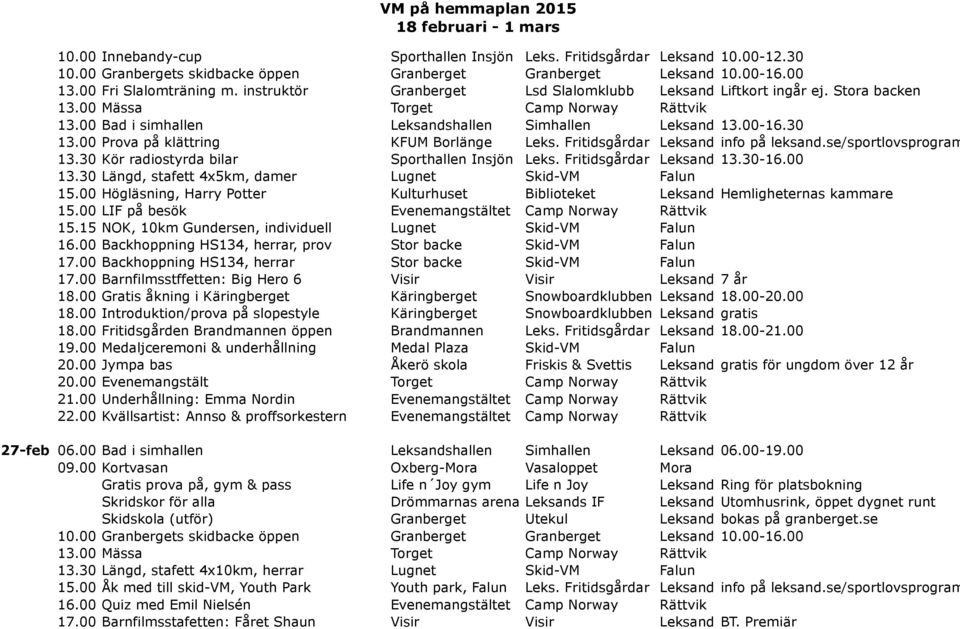 Fritidsgårdar Leksand info på leksand.se/sportlovsprogram 13.30 Kör radiostyrda bilar Sporthallen Insjön Leks. Fritidsgårdar Leksand 13.30-16.00 13.