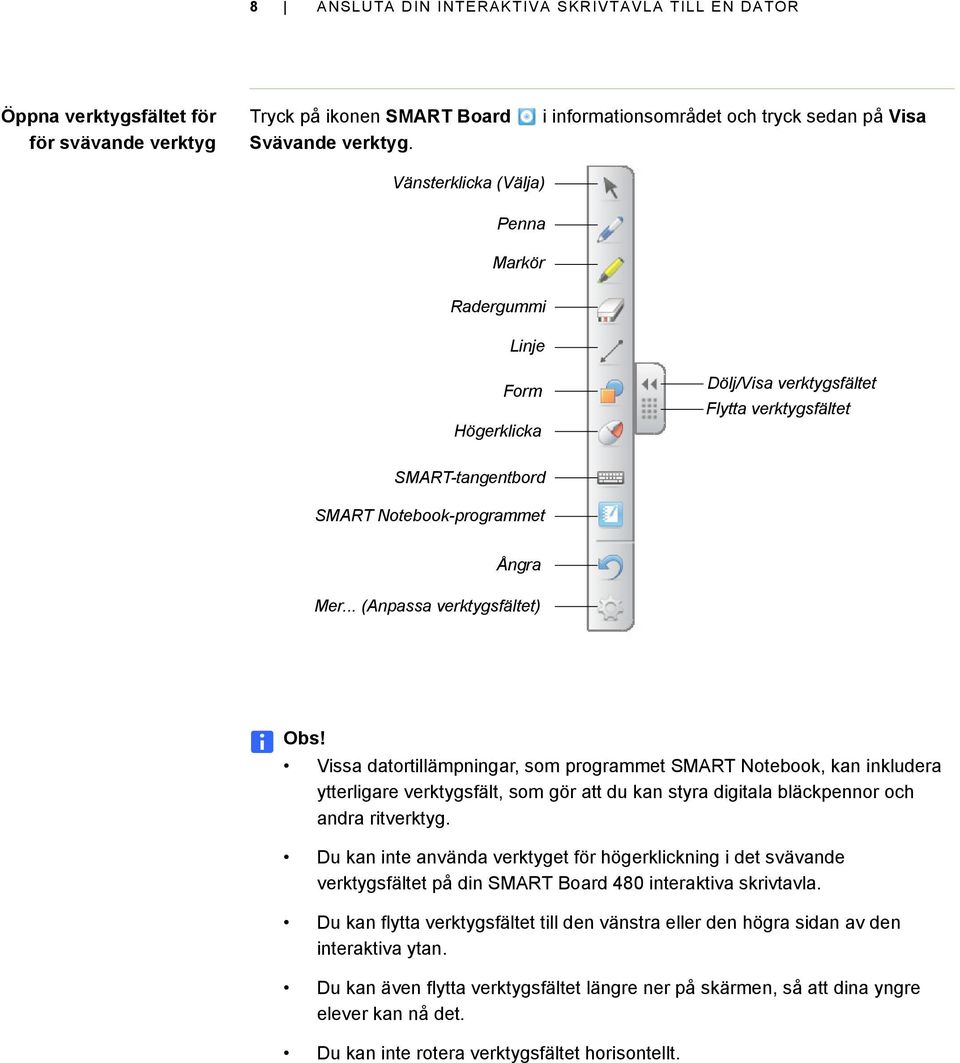 Notebook-programmet Ångra Mer... (Anpassa verktygsfältet) Obs!