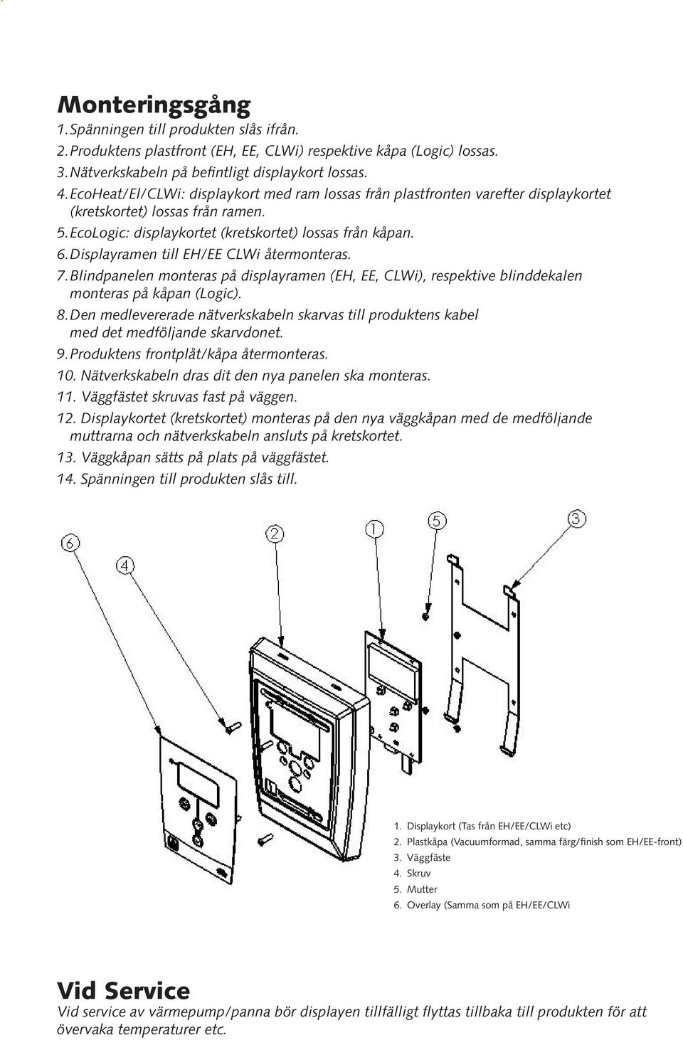 Displayramen till EH/EE CLWi återmonteras. 7. Blindpanelen monteras på displayramen (EH, EE, CLWi), respektive blinddekalen monteras på kåpan (Logic). 8.