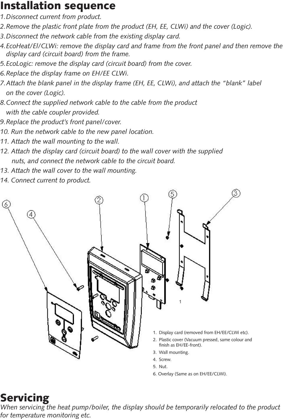 5. EcoLogic: remove the display card (circuit board) from the cover. 6. Replace the display frame on EH/EE CLWi. 7.