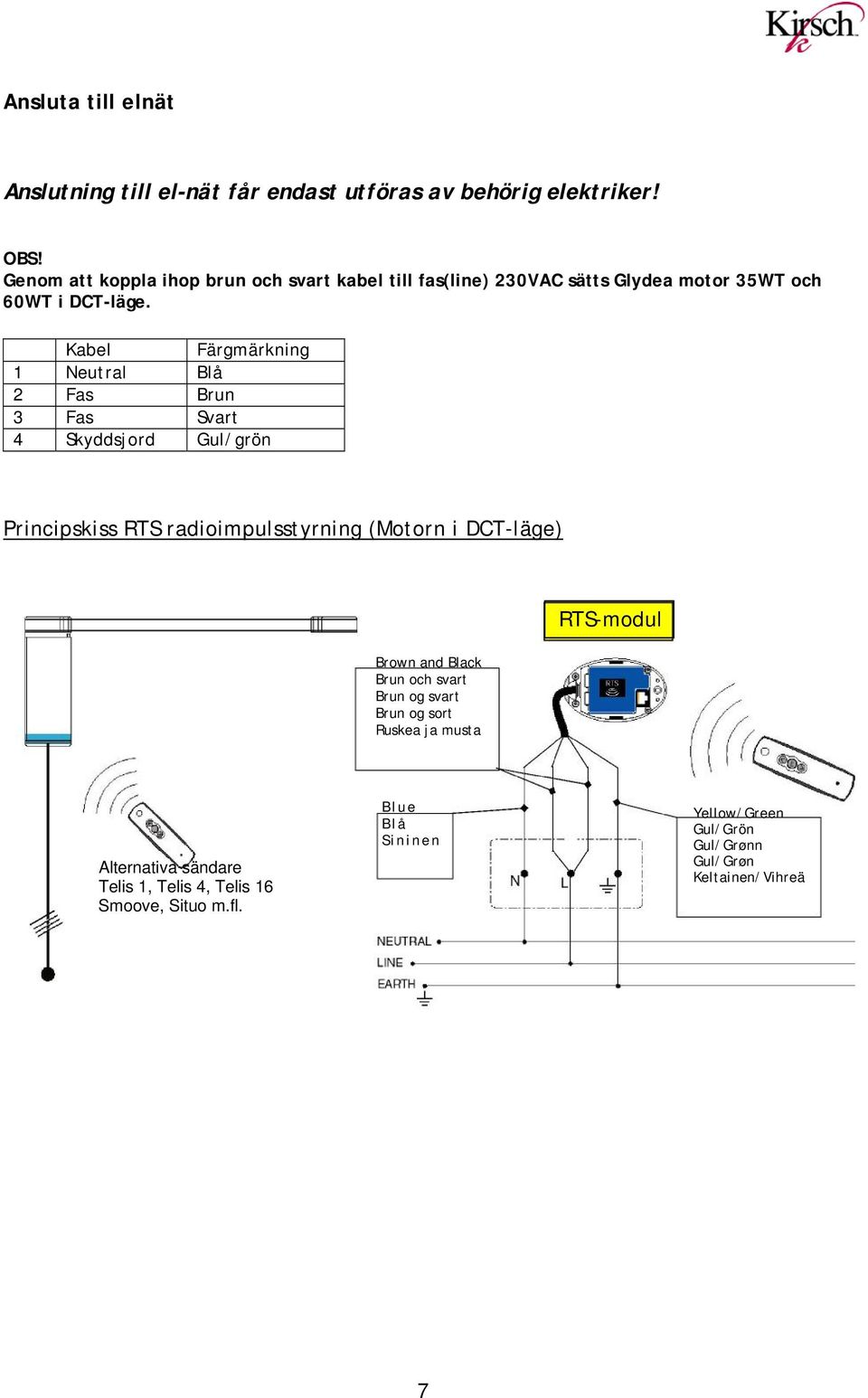 Kabel Färgmärkning 1 Neutral Blå 2 Fas Brun 3 Fas Svart 4 Skyddsjord Gul/grön Principskiss RTS radioimpulsstyrning (Motorn i DCT-läge) Brown