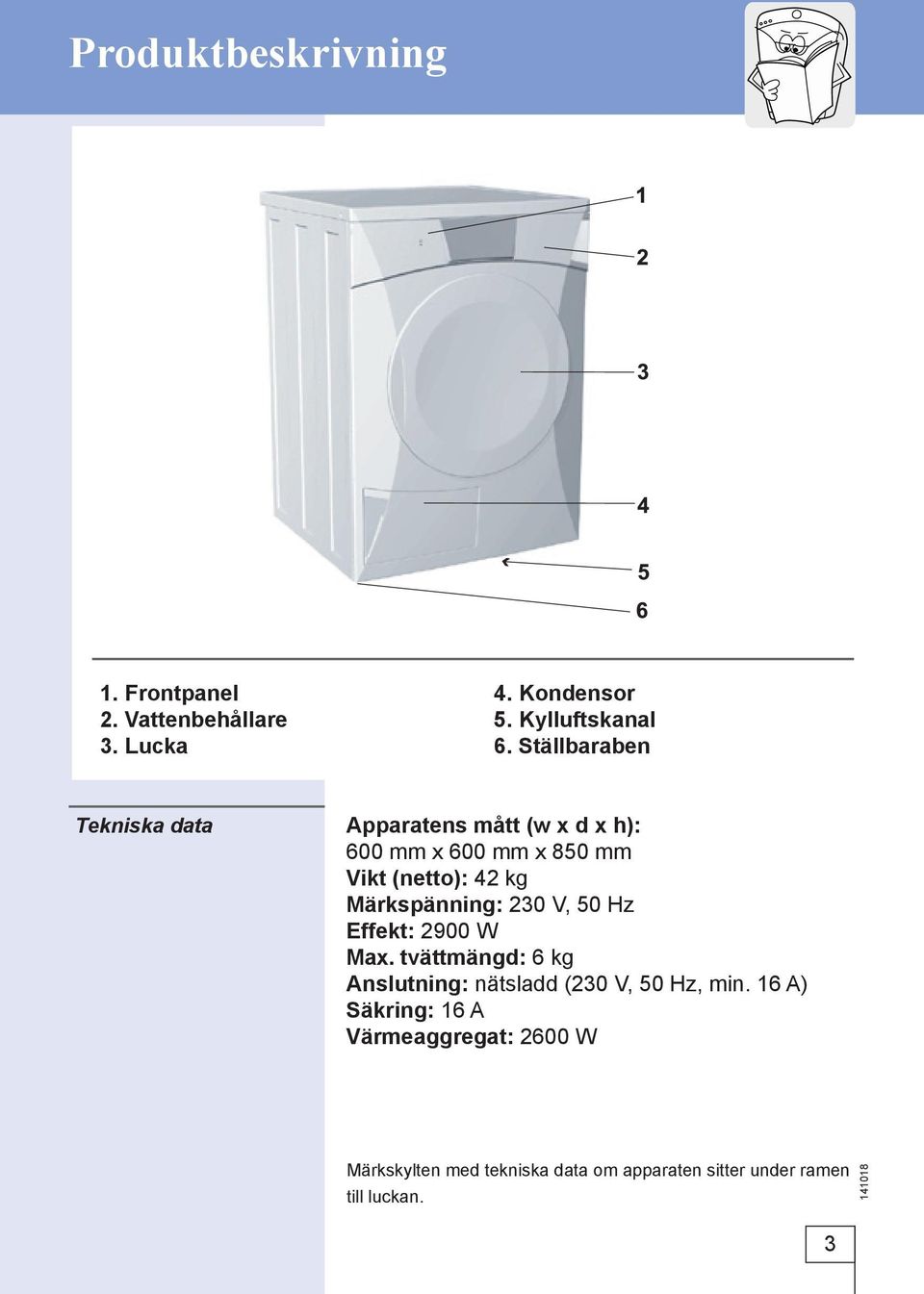 Märkspänning: 230 V, 50 Hz Effekt: 2900 W Max. tvättmängd: 6 kg Anslutning: nätsladd (230 V, 50 Hz, min.