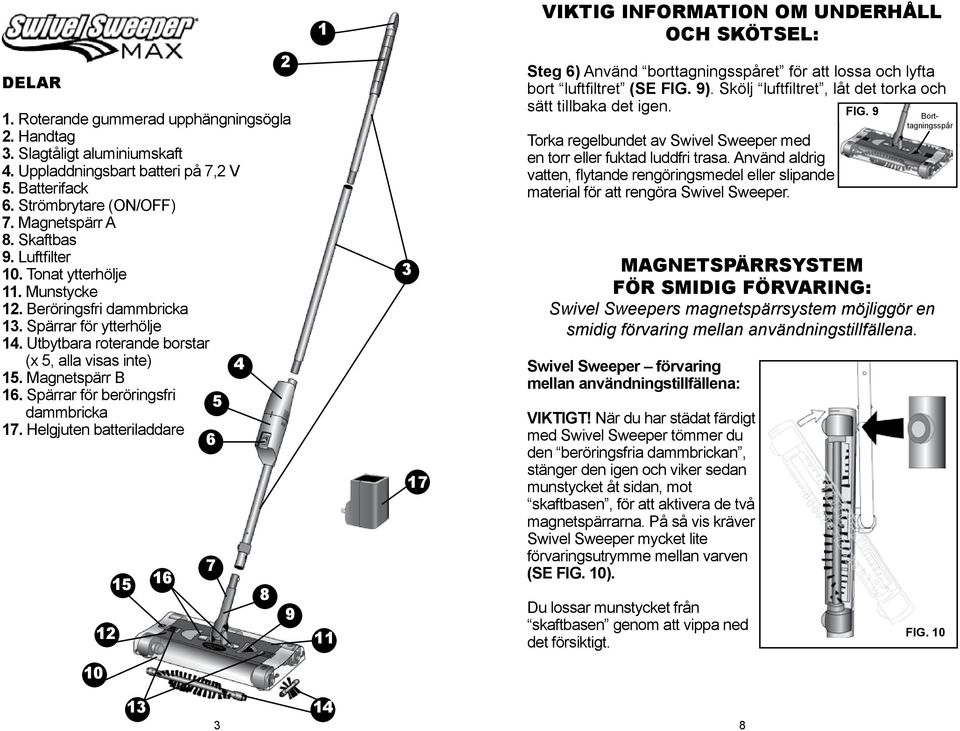 Utbytbara roterande borstar (x 5, alla visas inte) 4 15. Magnetspärr B 16. Spärrar för beröringsfri 5 dammbricka 17.