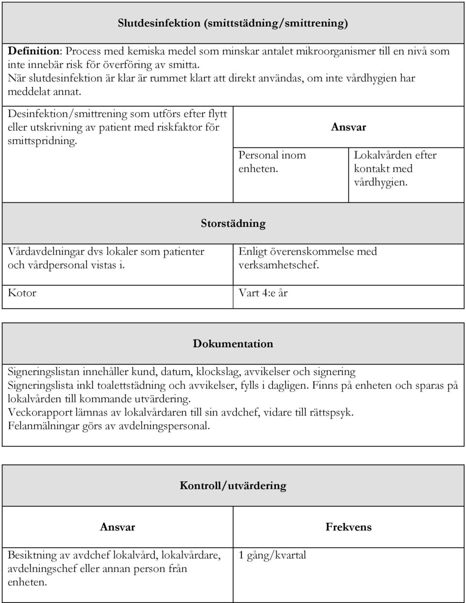 Desinfektion/smittrening som utförs efter flytt eller utskrivning av patient med riskfaktor för smittspridning. Personal inom enheten. Ansvar Lokalvården efter kontakt med vårdhygien.