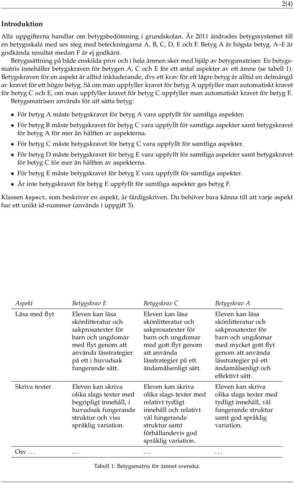 En betygsmatris innehåller betygskraven för betygen A, C och E för ett antal aspekter av ett ämne (se tabell 1).