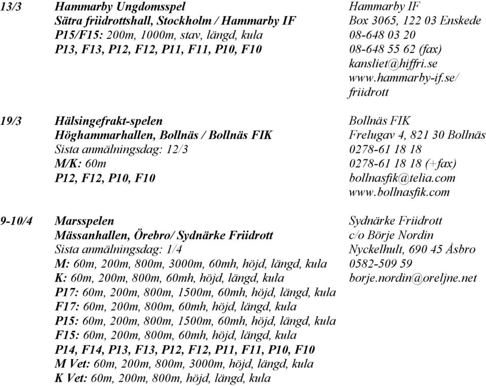 60m, 200m, 800m, 60mh, höjd, längd, P17: 60m, 200m, 800m, 1500m, 60mh, höjd, längd, F17: 60m, 200m, 800m, 60mh, höjd, längd, P15: 60m, 200m, 800m, 1500m, 60mh, höjd, längd, F15: 60m, 200m, 800m,