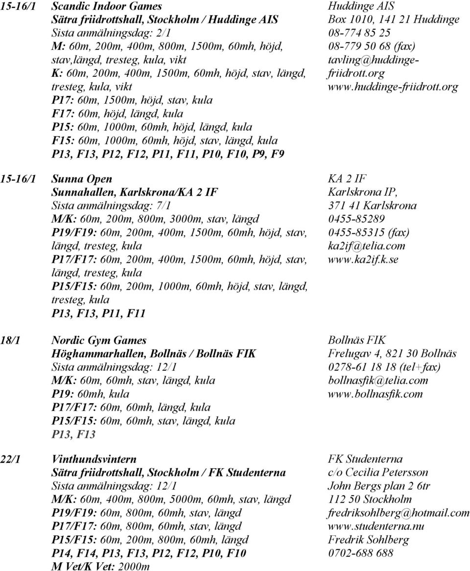 F9 15-16/1 Sunna Open Sunnahallen, Karlskrona/KA 2 IF Sista anmälningsdag: 7/1 M/K: 60m, 200m, 800m, 3000m, stav, längd P19/F19: 60m, 200m, 400m, 1500m, 60mh, höjd, stav, längd, P17/F17: 60m, 200m,