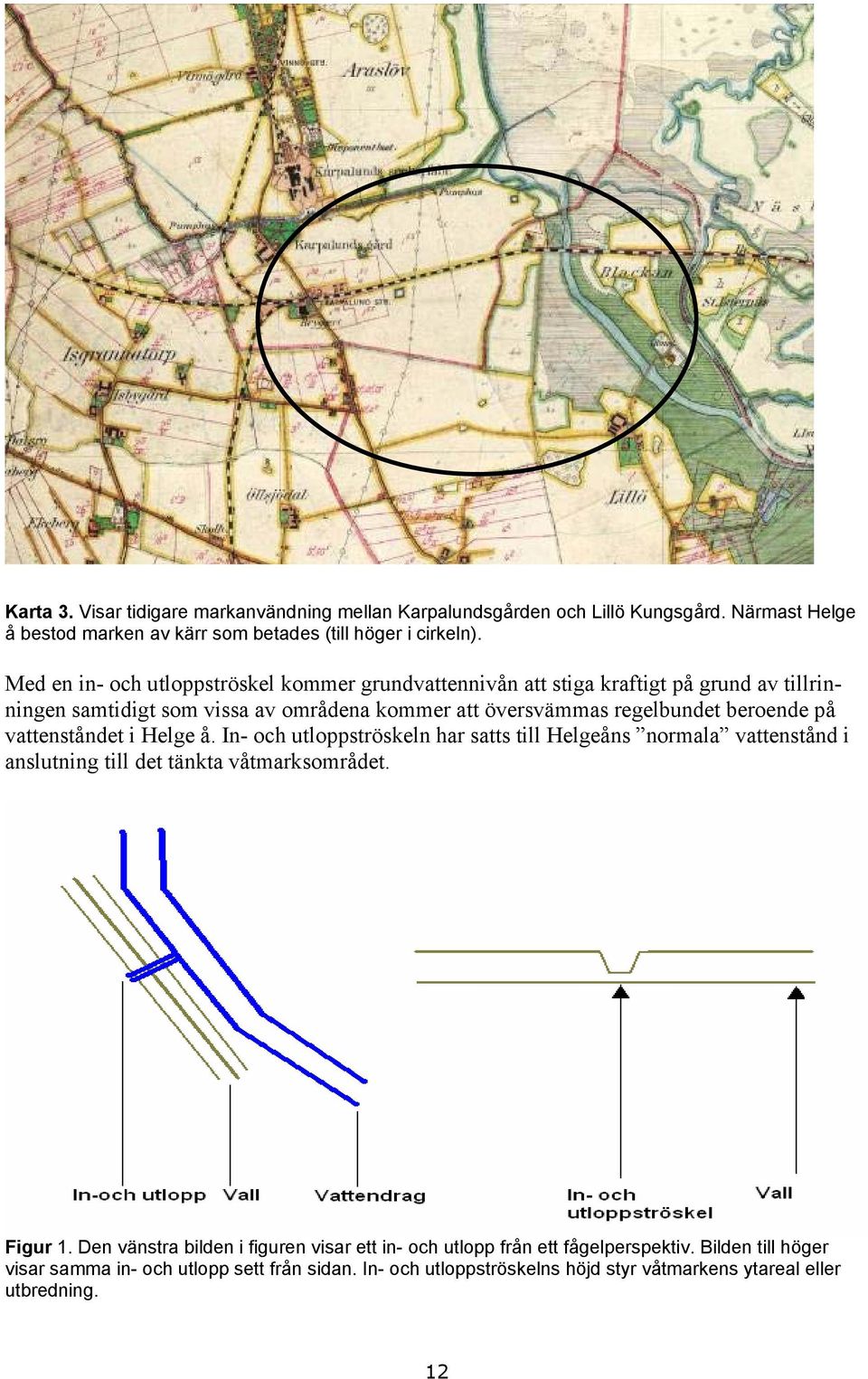på vattenståndet i Helge å. In- och utloppströskeln har satts till Helgeåns normala vattenstånd i anslutning till det tänkta våtmarksområdet. Figur 1.