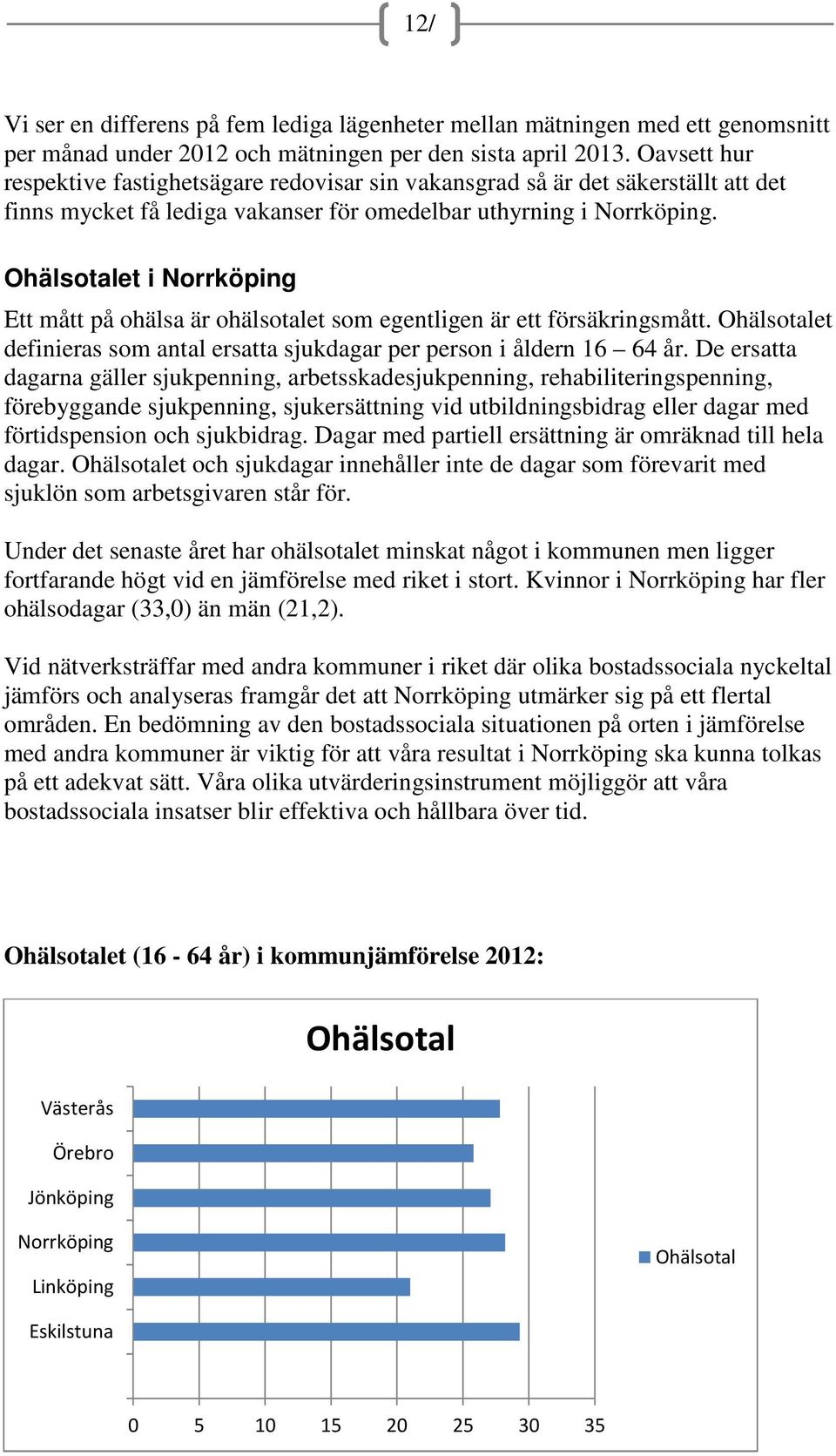 Ohälsotalet i Norrköping Ett mått på ohälsa är ohälsotalet som egentligen är ett försäkringsmått. Ohälsotalet definieras som antal ersatta sjukdagar per person i åldern 16 64 år.