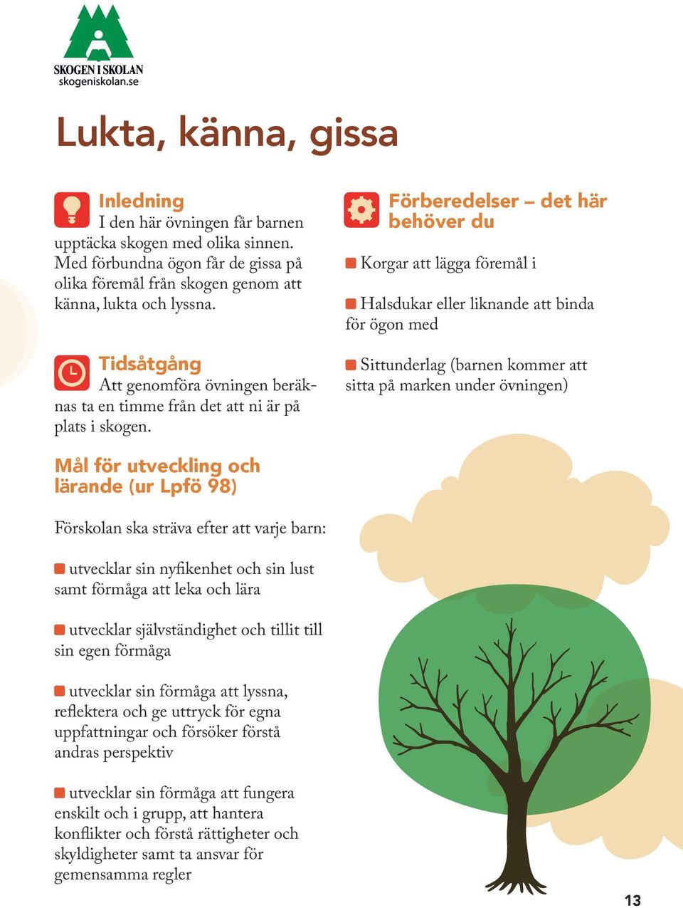 Förberedelser det här behöver du Korgar att lägga föremål i Halsdukar eller liknande att binda för ögon med Sittunderlag (barnen kommer att sitta på marken under övningen) Mål för utveckling och