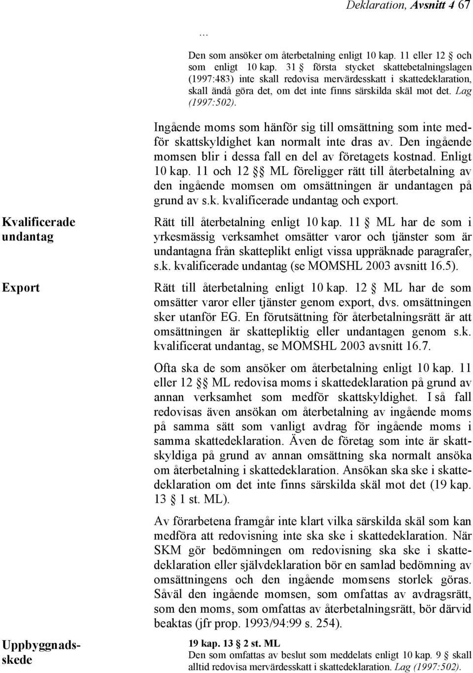 Kvalificerade undantag Export Uppbyggnadsskede Ingående moms som hänför sig till omsättning som inte medför skattskyldighet kan normalt inte dras av.