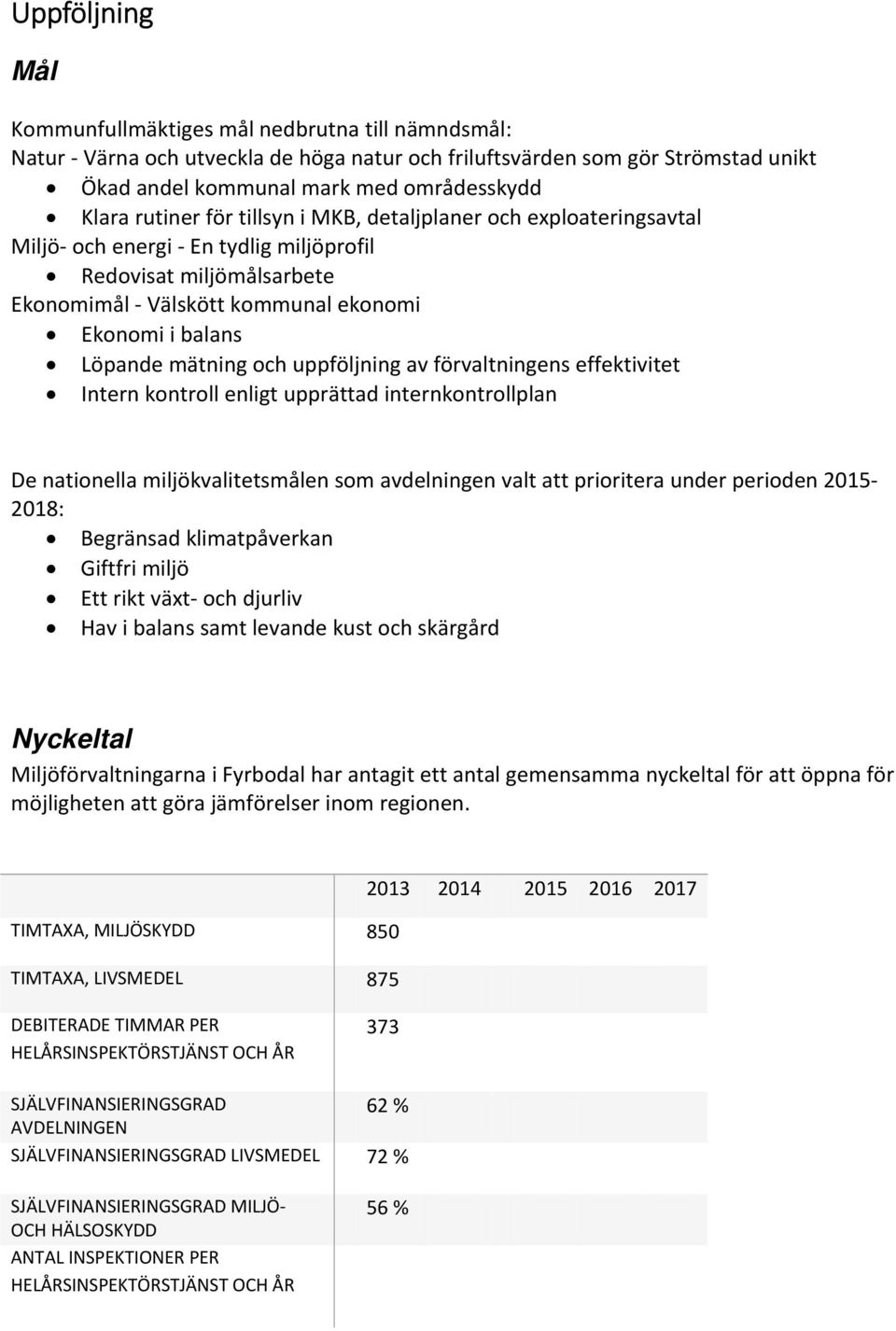 och uppföljning av förvaltningens effektivitet Intern kontroll enligt upprättad internkontrollplan De nationella miljökvalitetsmålen som avdelningen valt att prioritera under perioden 2015 2018: