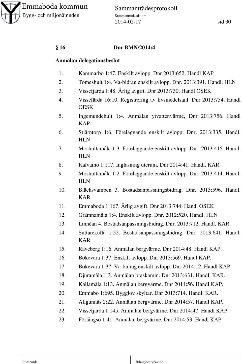 Handl KAP. 6. Stjärntorp 1:6. Föreläggande enskilt avlopp. Dnr. 2013:335. Handl. HLN 7. Moshultamåla 1:3. Föreläggande enskilt avlopp. Dnr. 2013:415. Handl. HLN 8. Kalvamo 1:117. Inglasning uterum.