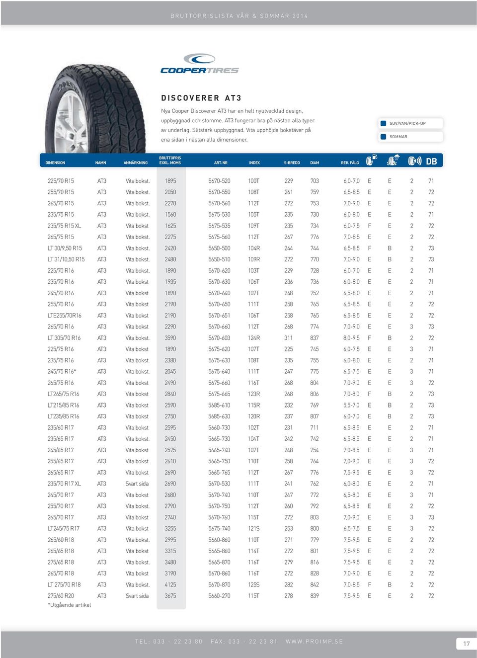 2050 5670-550 108T 261 759 6,5-8,5 E E 2 72 265/70 R15 AT3 Vita bokst. 2270 5670-560 112T 272 753 7,0-9,0 E E 2 72 235/75 R15 AT3 Vita bokst.
