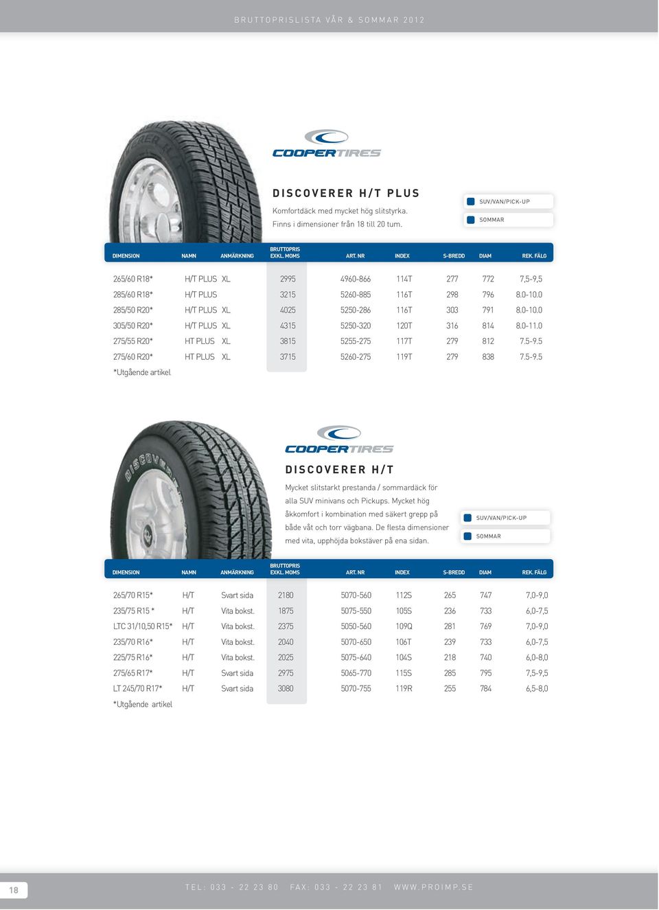 0-11.0 275/55 R20* HT PLUS XL 3815 5255-275 117T 279 812 7.5-9.5 275/60 R20* HT PLUS XL 3715 5260-275 119T 279 838 7.5-9.5 *Utgående artikel DISCOVERER H/T Mycket slitstarkt prestanda / sommardäck för alla SUV minivans och Pickups.