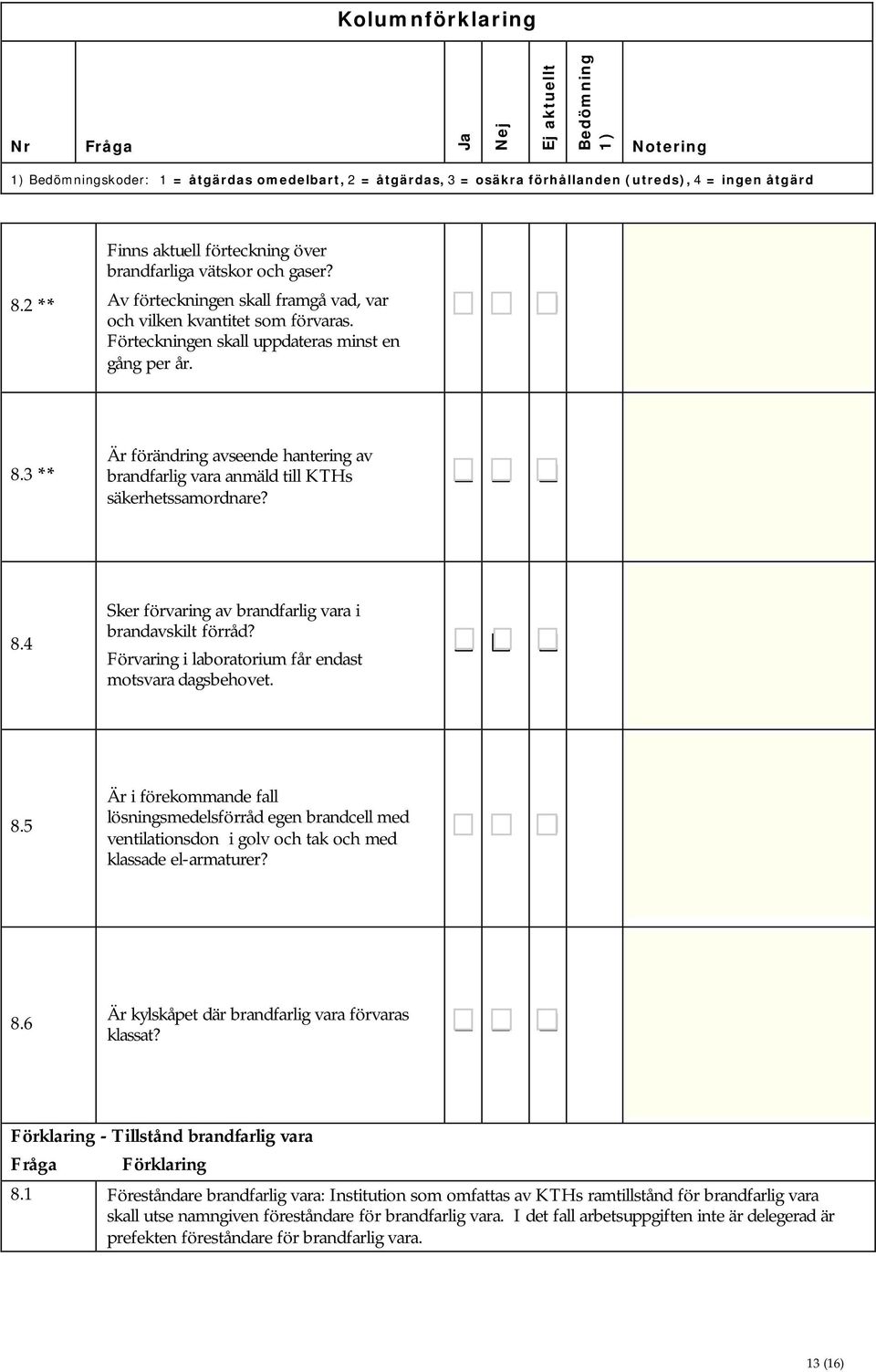 3 ** Är förändring avseende hantering av brandfarlig vara anmäld till KTHs säkerhetssamordnare? 8.4 Sker förvaring av brandfarlig vara i brandavskilt förråd?