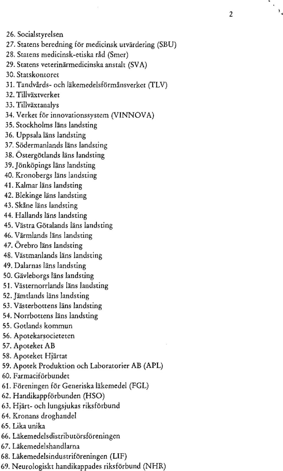 Södermanlands läns landsting 38. Östergötlands läns landsting 39. Jönköpings läns landsting 40. Kronobergs läns landsting 41. Kalmar läns landsting 42. Blekinge läns landsting 43.