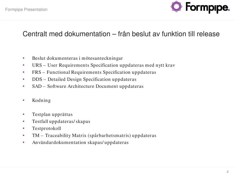 uppdateras DDS Detailed Design Specification uppdateras SAD Software Architecture Document uppdateras Kodning Testplan