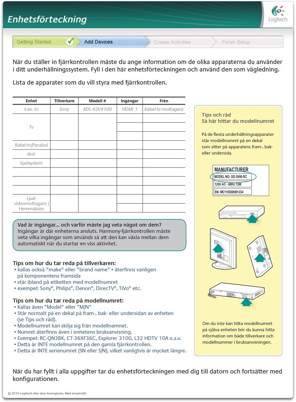 Enhet Tillverkare Modell # Ingångar Från Tips och råd Så här hittar du modellnumret På de flesta underhållningsapparater står modellnumret på en dekal som sitter på apparatens fram-, bakeller