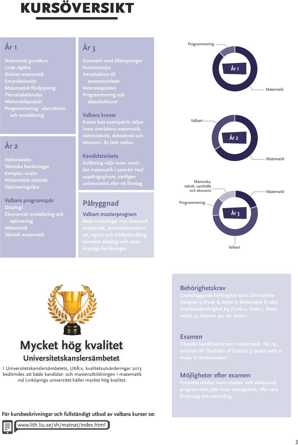 Programmering och datastrukturer Valbara kurser Kurser kan exempelvis väljas inom områdena matematik, elektroteknik, datateknik och ekonomi. Se länk nedan.