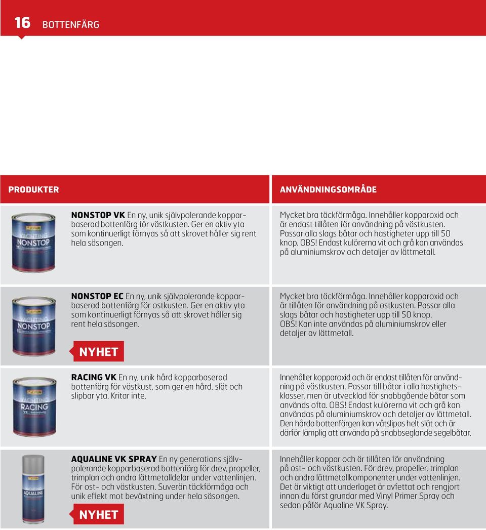 Passar alla slags båtar och hastigheter upp till 50 knop. OBS! Endast kulörerna vit och grå kan användas på aluminiumskrov och detaljer av lättmetall.