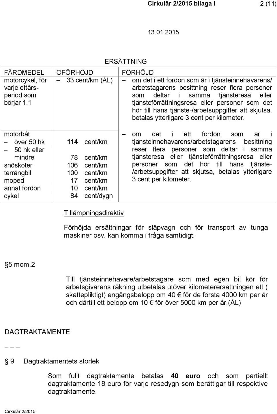 1 tjänsteförrättningsresa eller personer som det hör till hans tjänste-/arbetsuppgifter att skjutsa, betalas ytterligare 3 cent per kilometer.