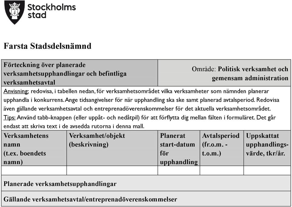 Redovisa även gällande och entreprenadöverenskommelser det aktuella verksamhetsområdet.