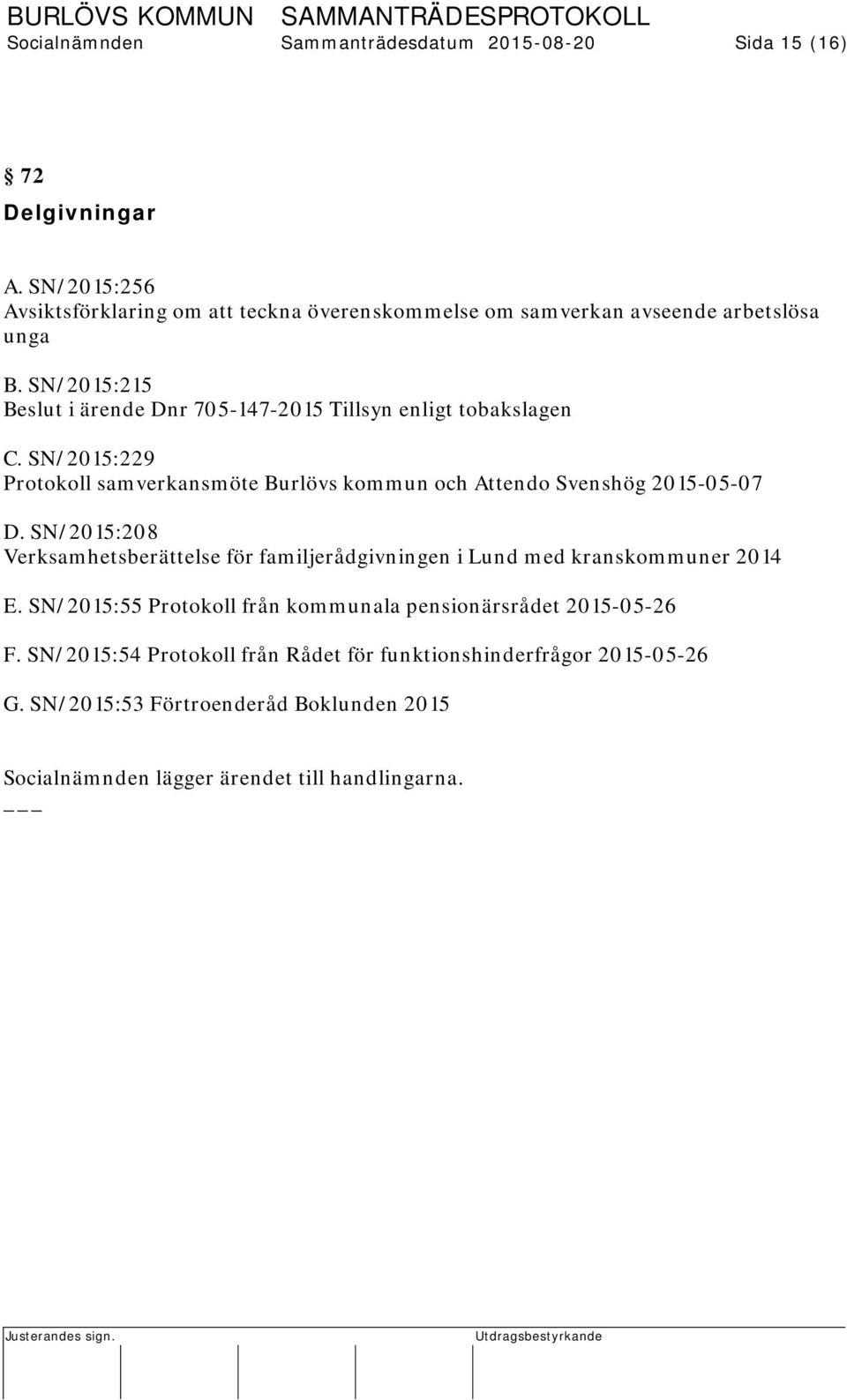 SN/2015:215 Beslut i ärende Dnr 705-147-2015 Tillsyn enligt tobakslagen C. SN/2015:229 Protokoll samverkansmöte Burlövs kommun och Attendo Svenshög 2015-05-07 D.