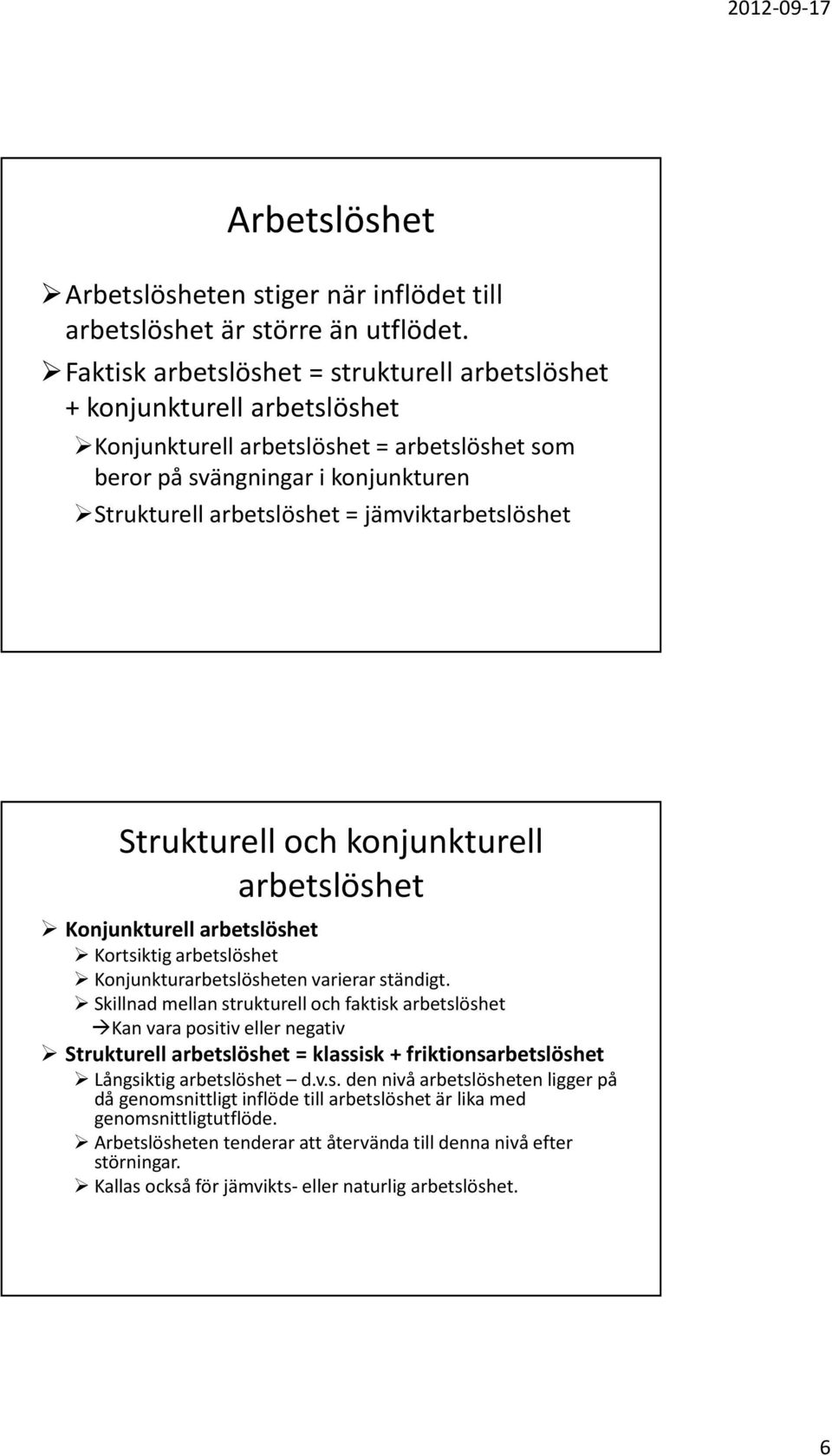 jämviktarbetslöshet Strukturell och konjunkturell arbetslöshet Konjunkturell arbetslöshet Kortsiktig arbetslöshet Konjunkturarbetslösheten varierar ständigt.