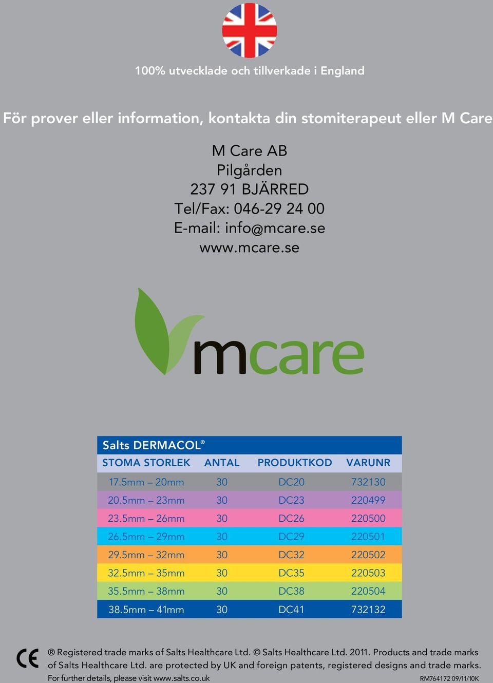 5mm 29mm 30 DC29 220501 29.5mm 32mm 30 DC32 220502 32.5mm 35mm 30 DC35 220503 35.5mm 38mm 30 DC38 220504 38.5mm 41mm 30 DC41 732132 Registered trade marks of Salts Healthcare Ltd.