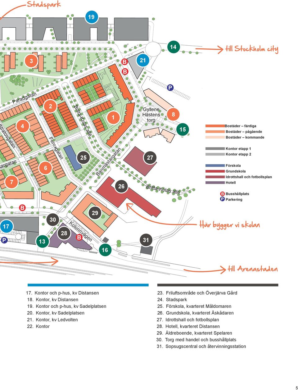 Kontor, kv Distansen 19. Kontor och p-hus, kv Sadelplatsen 20. Kontor, kv Sadelplatsen 21. Kontor, kv Ledvolten 22. Kontor 23. Friluftsområde och Överjärva Gård 24. Stadspark 25.