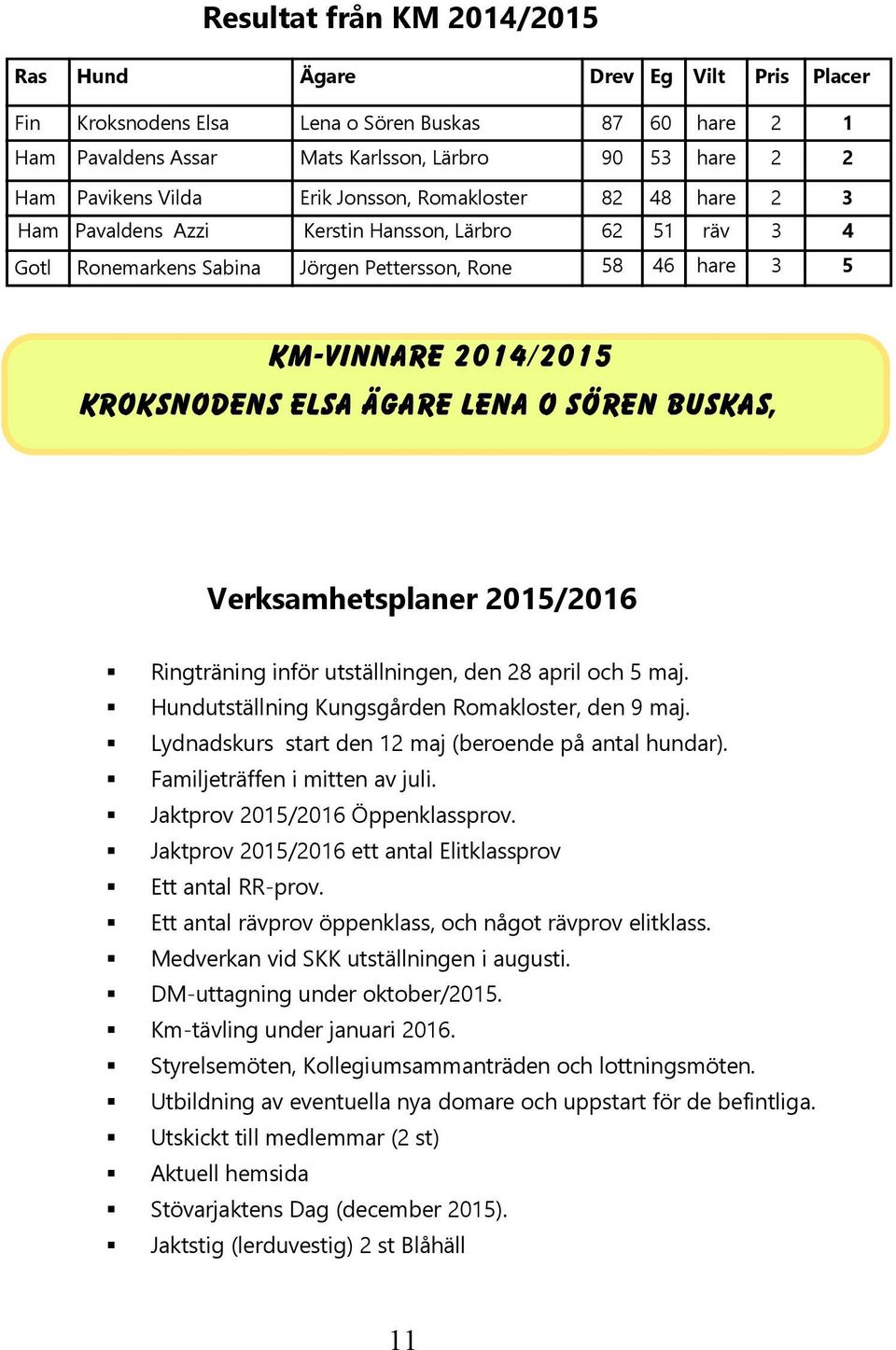 ägare lena o sören buskas, Verksamhetsplaner 2015/2016 Ringträning inför utställningen, den 28 april och 5 maj. Hundutställning Kungsgården Romakloster, den 9 maj.