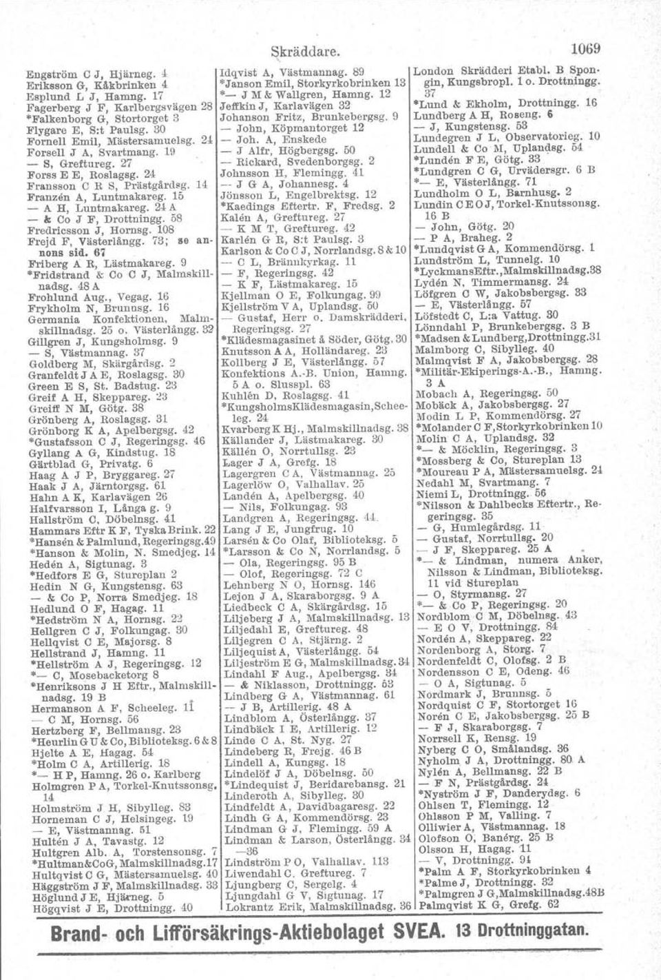 108 Frejd F, Västerlängg. 73; se annons sid. 67 Friberg A R, Lästmakareg. 9 "Fridstrand & CoC J, Malmskillnadsg. 48A Frohlund Aug., Vegag. 16 Frykholm N, Brunnsg. 16 Germania Konfektionen.