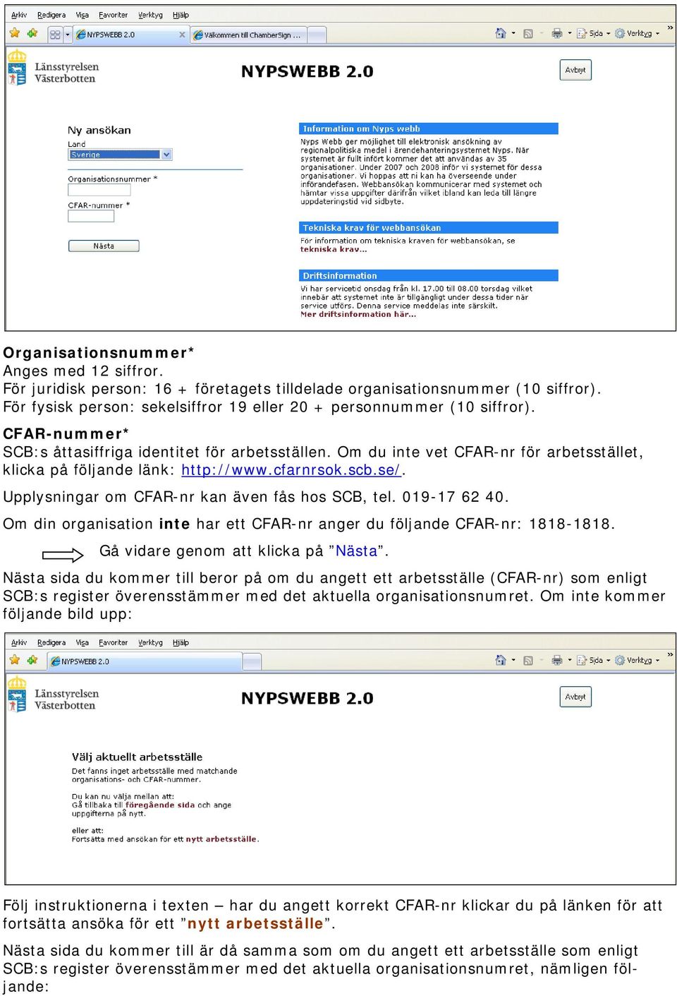 Upplysningar om CFAR-nr kan även fås hos SCB, tel. 019-17 62 40. Om din organisation inte har ett CFAR-nr anger du följande CFAR-nr: 1818-1818. Gå vidare genom att klicka på Nästa.