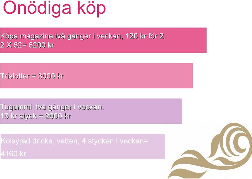 2 X 52= 6200 kr Trislotter = 3000 kr Tugummi, två