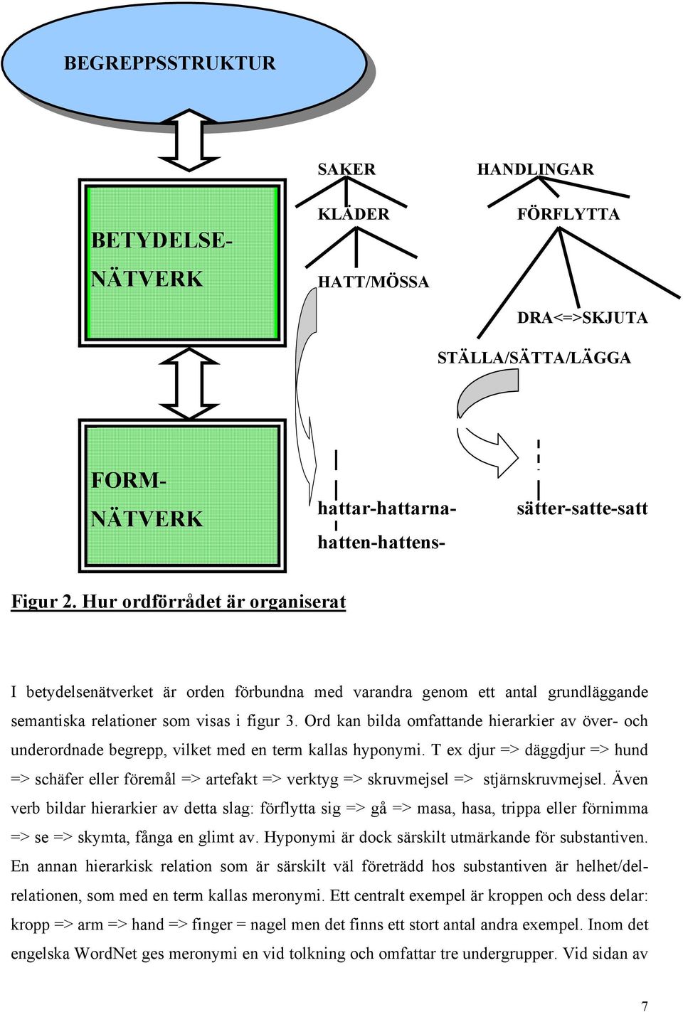 Hur ordförrådet är organiserat I betydelsenätverket är orden förbundna med varandra genom ett antal grundläggande semantiska relationer som visas i figur 3.